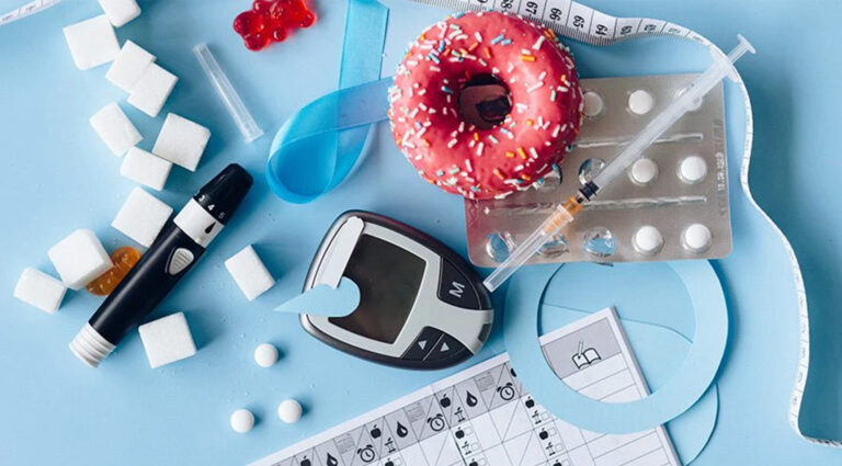 Hashimoto’s, insulin resistance, and metabolic health: donuts, sugar cubes, syringes, and glucose monitoring devices.