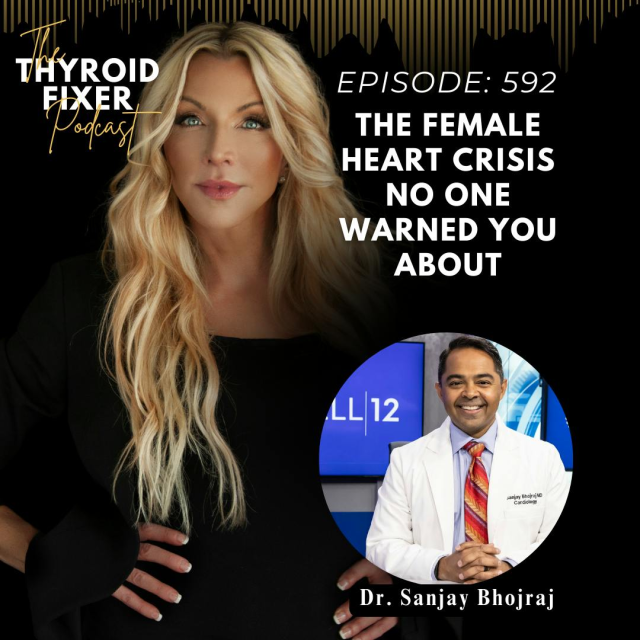 Dr. Amie Hornaman and Dr. Sanjay Bhojraj promoting podcast episode on female heart health crisis, featuring title text and professional imagery.