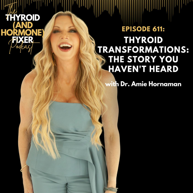 Smiling woman in a light blue outfit, featured in a podcast episode titled "Thyroid Transformations: The Story You HAVEN’T Heard," discussing thyroid health and related issues.