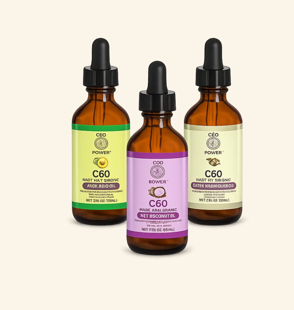C60 oil drops supporting healthy aging and cellular wellness, part of a daily routine.