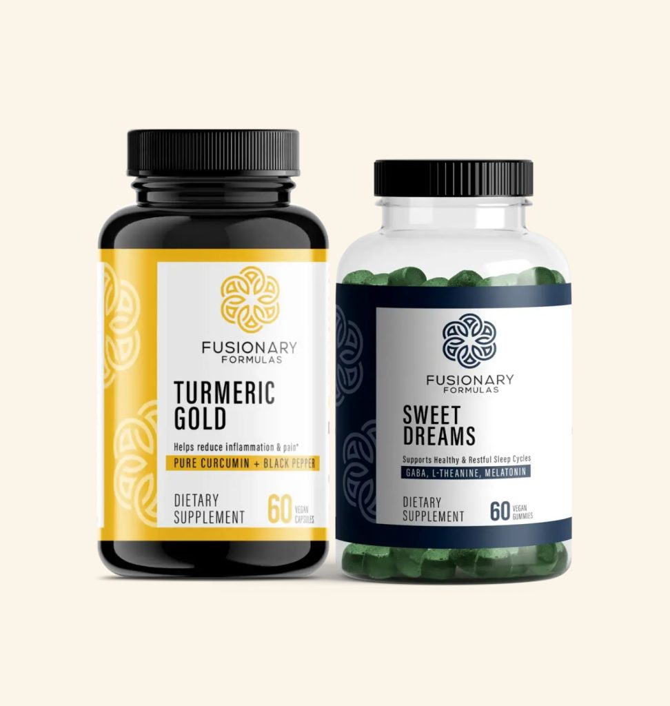 Fusionary Formulas Turmeric Gold and Sweet Dreams supplements for hormone and thyroid wellness.