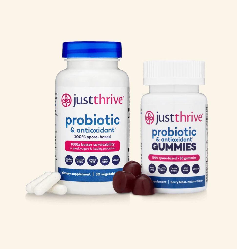 Just Thrive Probiotic gummies and capsules, high-quality gut support supplements.