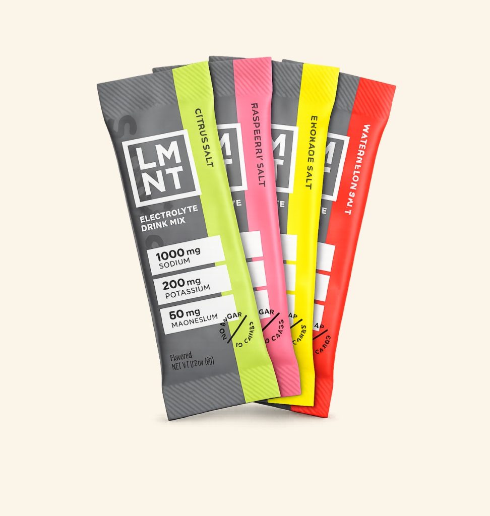 LMNT electrolyte drink mix packets in various flavors: citrus, raspberry, lemonade, and watermelon supporting hydration.