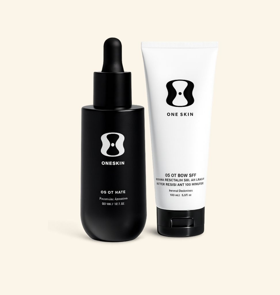 OneSkin skincare products: SPF moisturizer and serum for skin protection and cellular renewal.