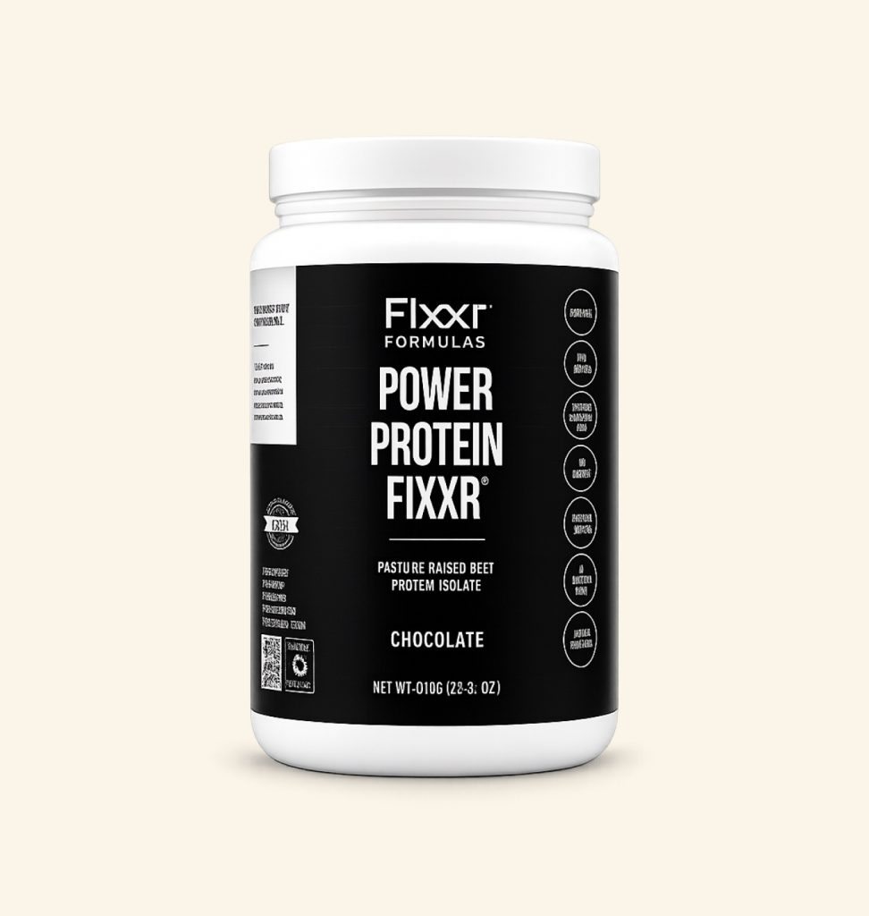 Fixxr Power Protein Fixxr chocolate beef protein isolate powder for active women.