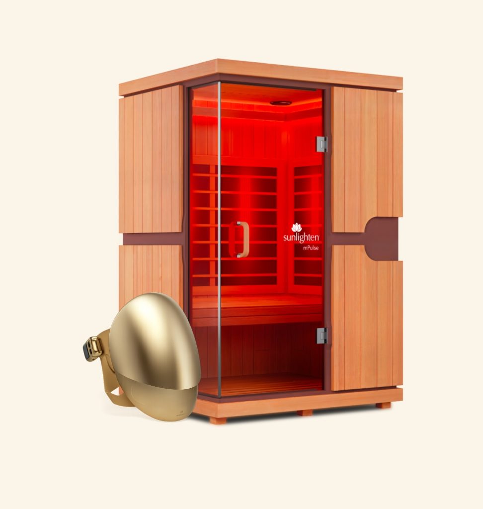 Sunlighten sauna and red light mask for wellness recovery and glowing skin.