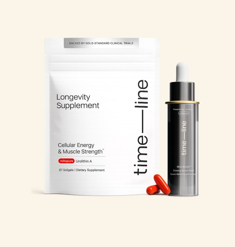 Longevity Supplement packaging and capsules promoting cellular energy and muscle strength.