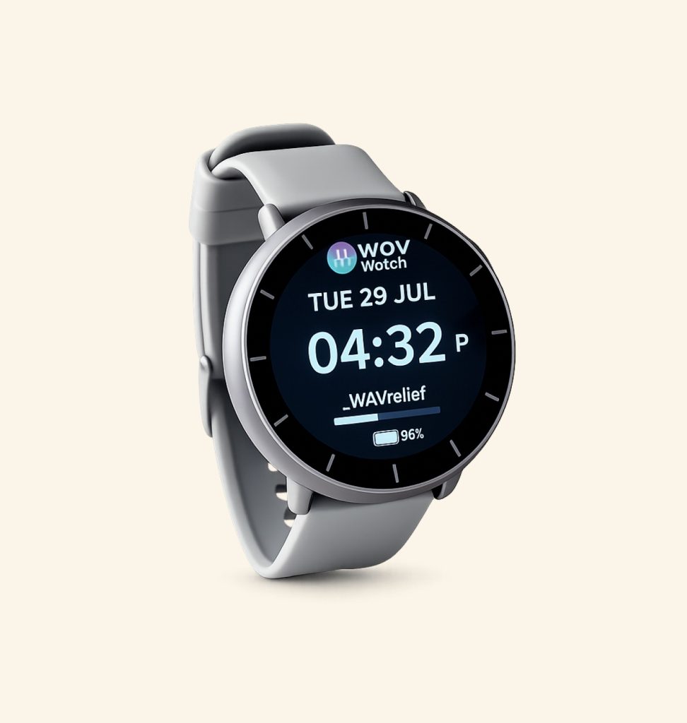 WavWatch wearable device supporting mind and body with sound frequency therapy.