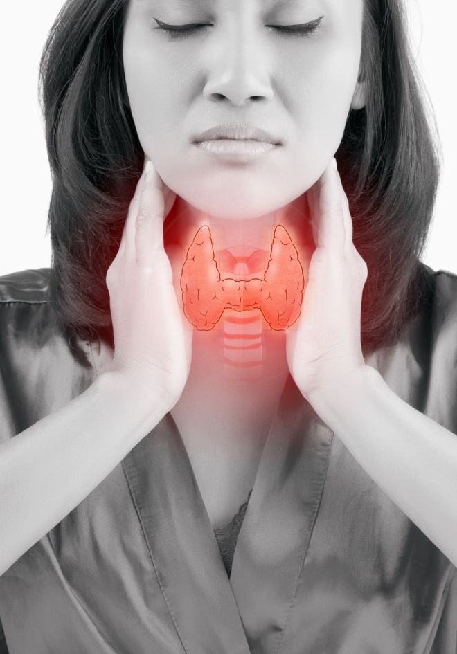 Woman experiencing thyroid slowdown and metabolic decline, highlighted thyroid illustration.
