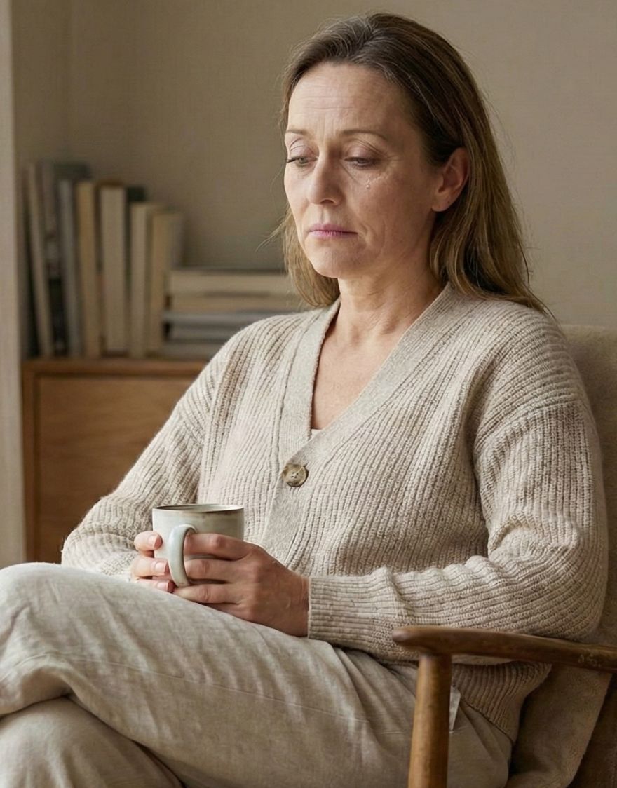 Woman experiencing fatigue and hormonal imbalance, holding a mug, illustrating symptoms of Thyropause.